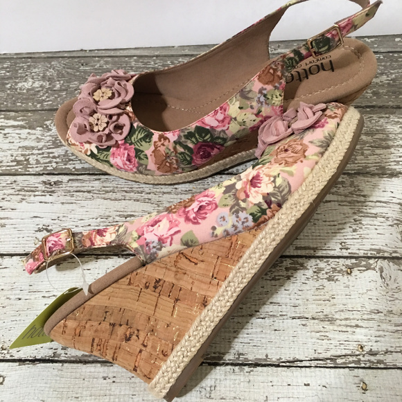- Hotter ~ PINK FLORAL ~ CORK Wedge Heels~ Sz 6.5 - Picture 6 of 7